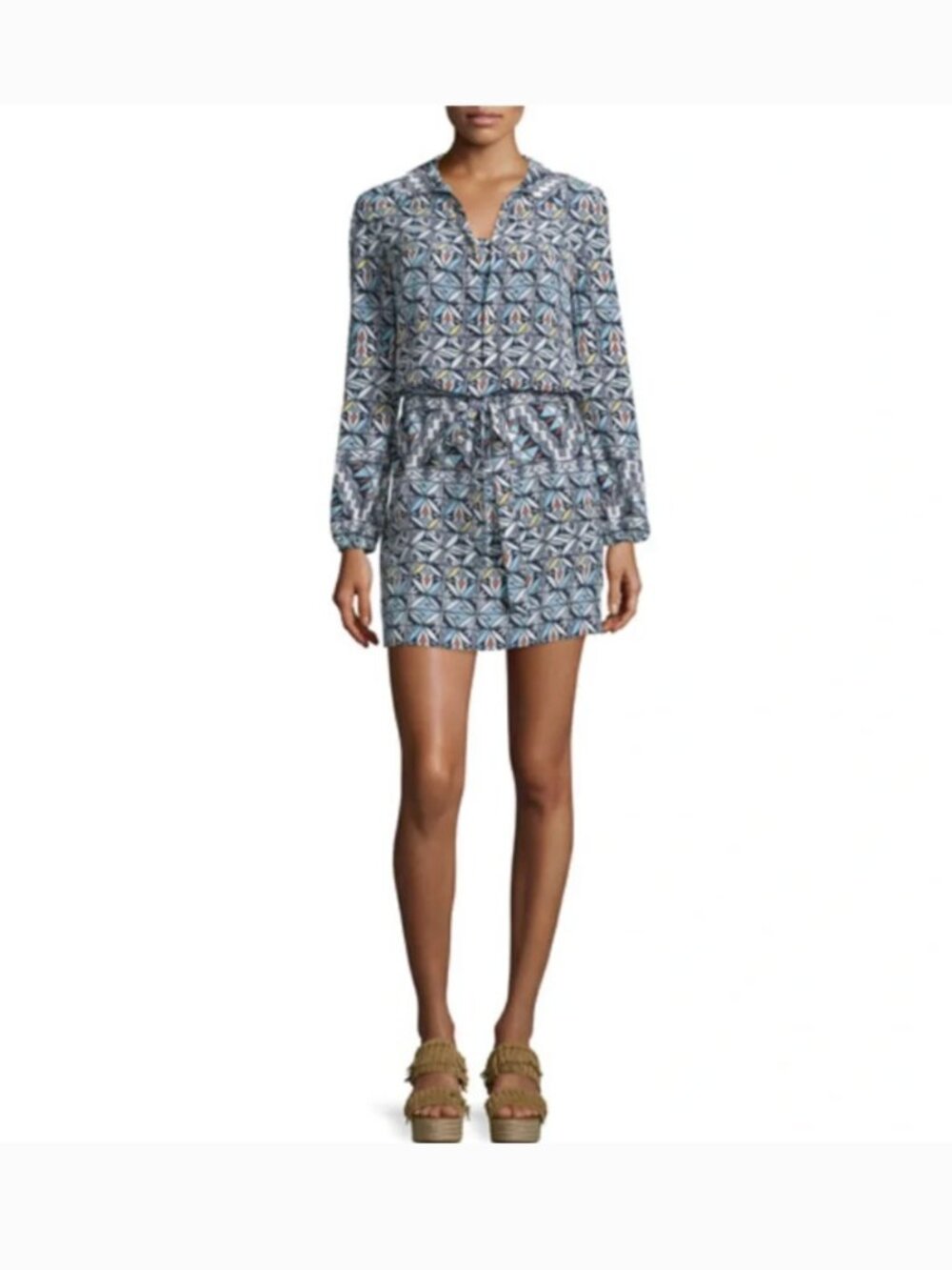 Tory Burch Drawstring Tile Print Silk Shirtdress, Riviera Blue Multi SZ 14
